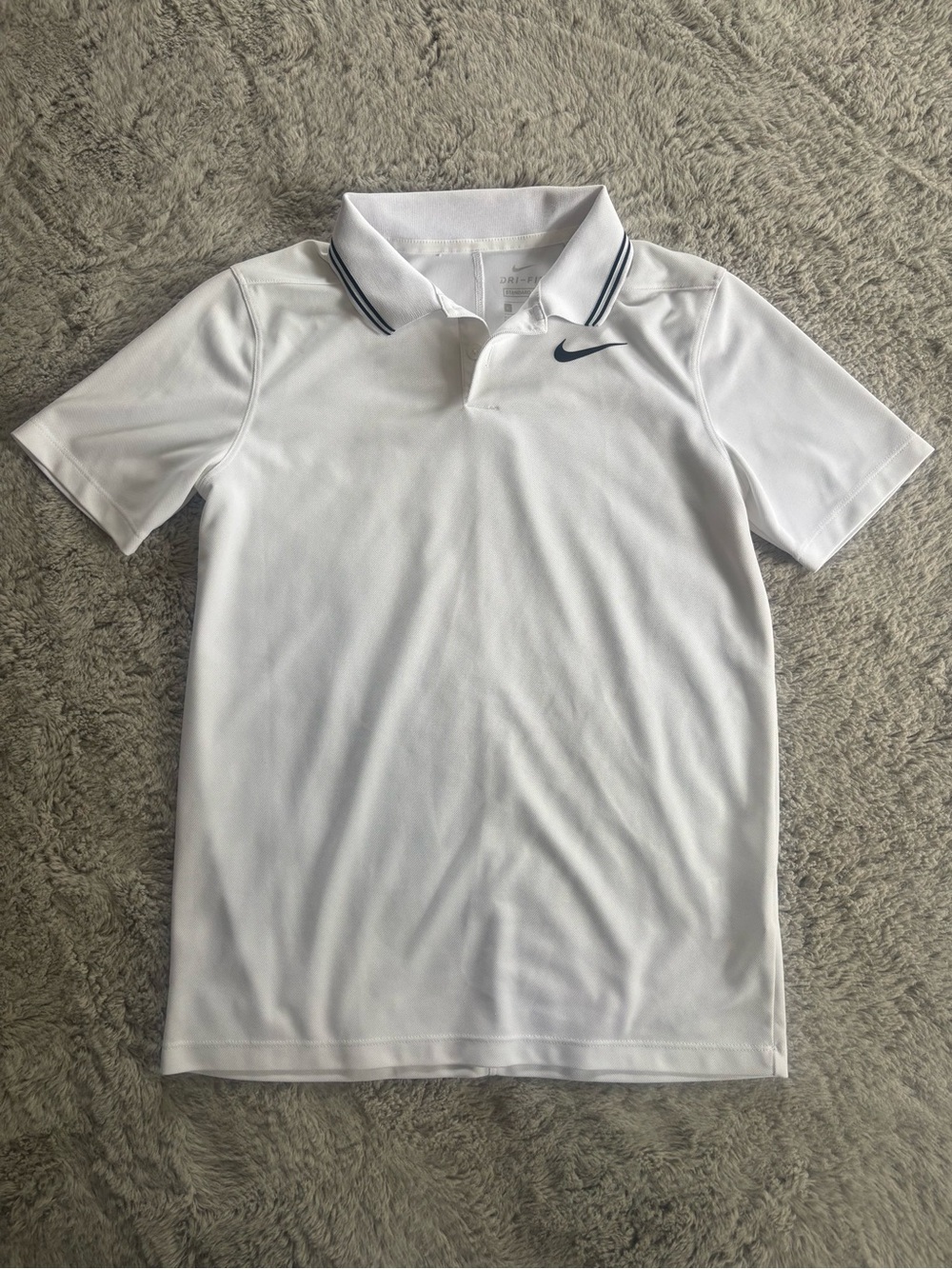 Nike White Kids Polo with Navy Swoosh and Collar Trim